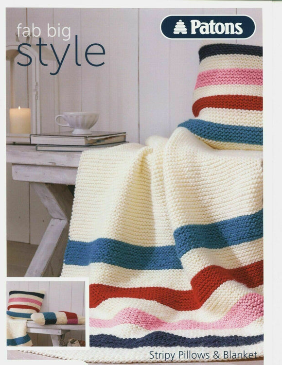 Patons knitting pattern Fab big style - Stripey Pillows and Blanket